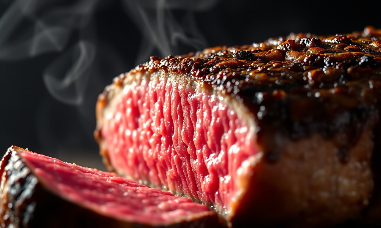 Close-up da picanha fatiada mostrando o ponto perfeito com interior rosado e casca caramelizada