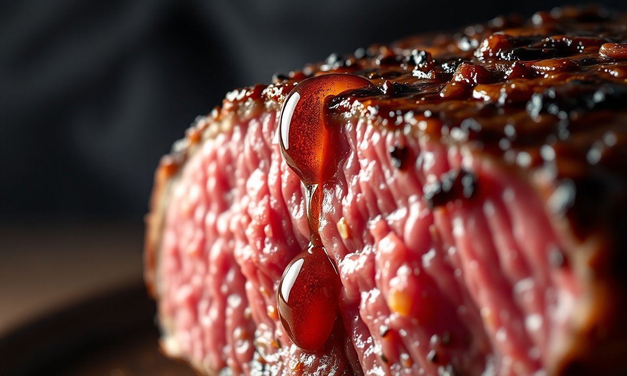 Picanha Assada No Forno Com Crosta Perfeita Em 50 Min 6 Close-up da textura da carne mostrando o ponto perfeito e a crosta.