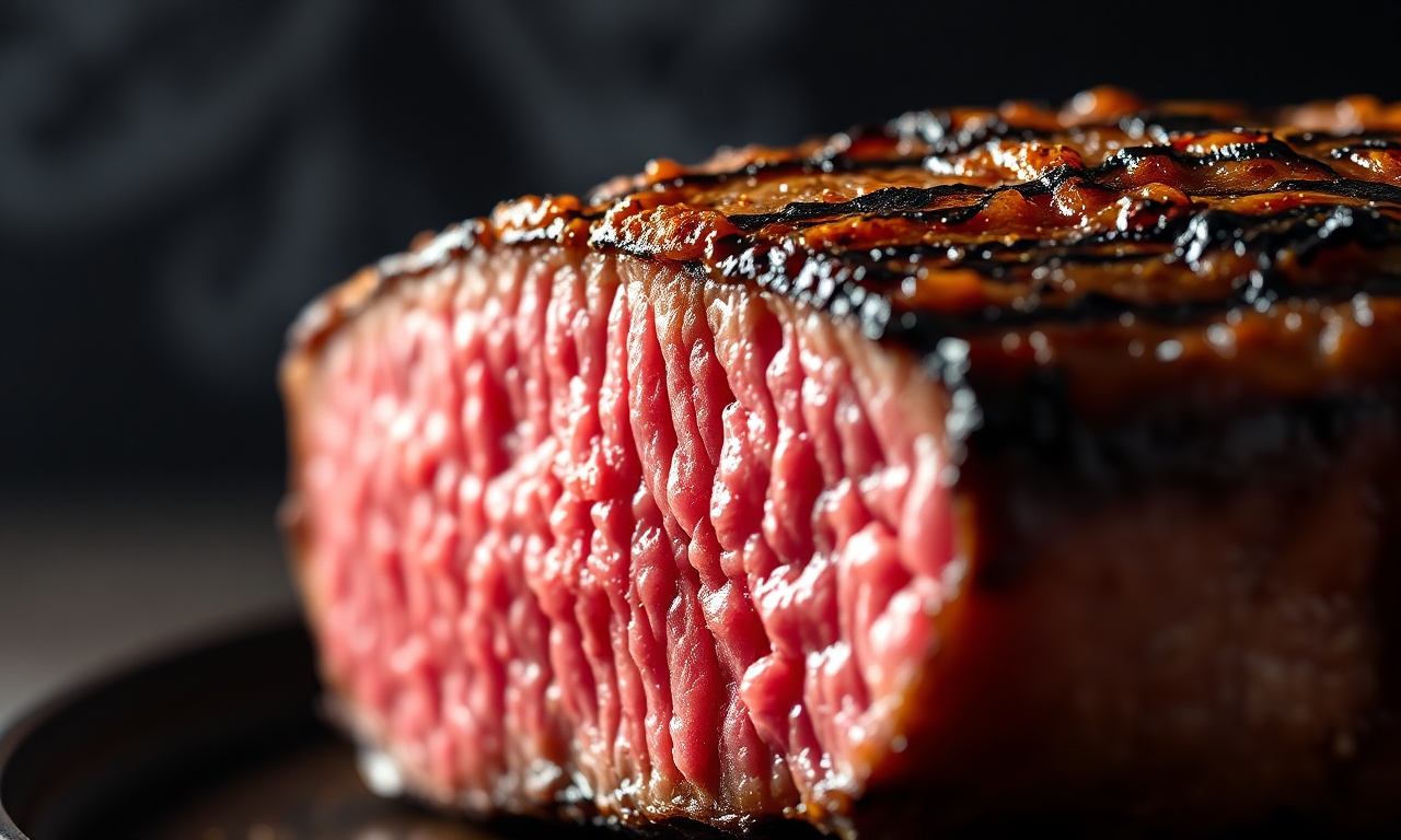 Close-up da textura suculenta e da crosta dourada do bife de picanha.