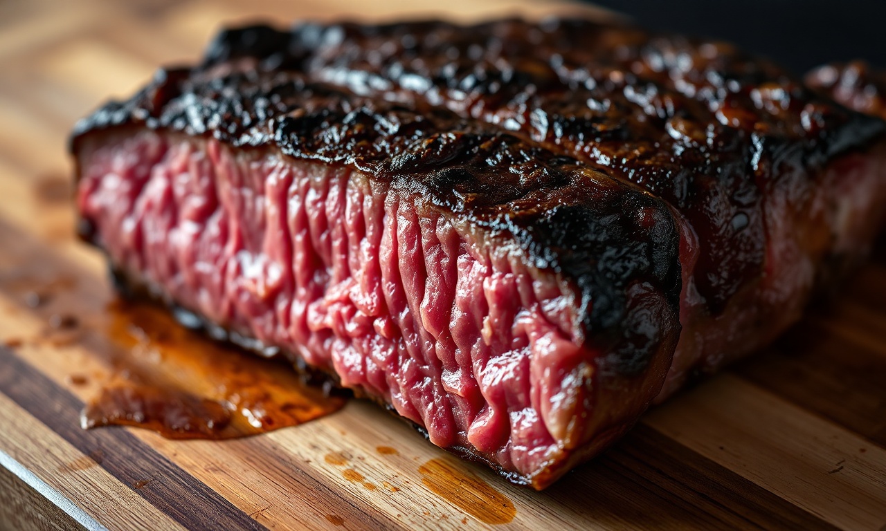 Close-up da picanha fatiada mostrando o ponto ao ponto e a casca caramelizada.