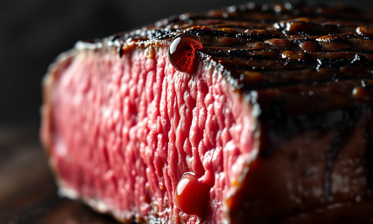 Close-up da textura macia e ponto perfeito da carne.
