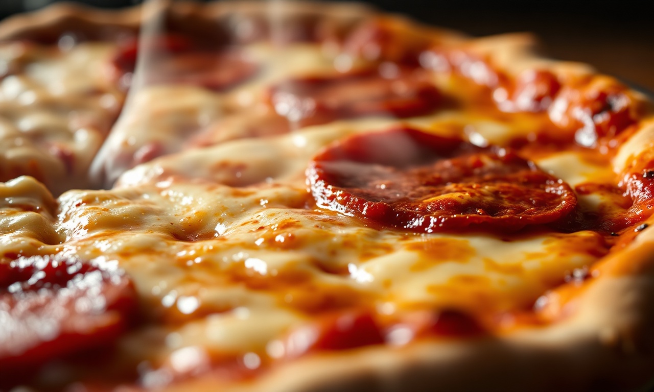 Close-up do queijo derretido e borbulhante da pizza, mostrando a textura crocante da borda.