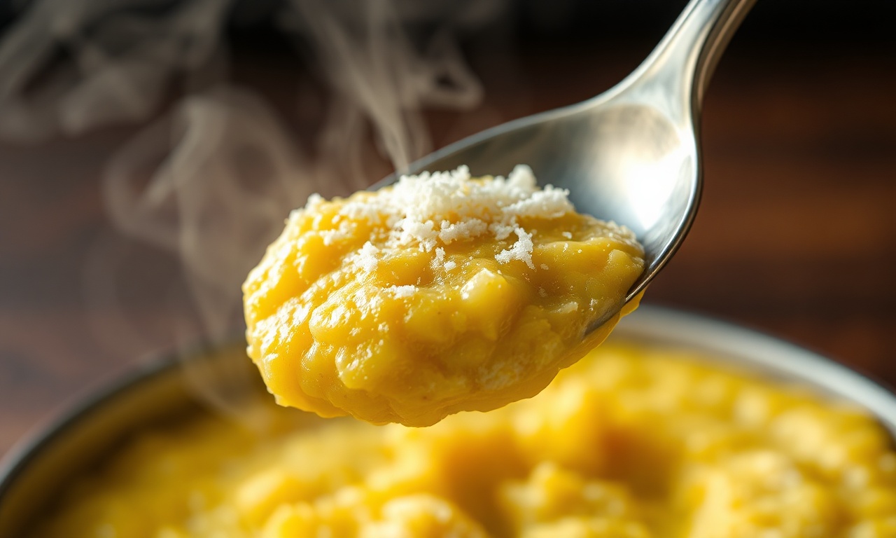 Close-up da textura lisa e aveludada da polenta recém-feita, com lascas de parmesão derretendo.