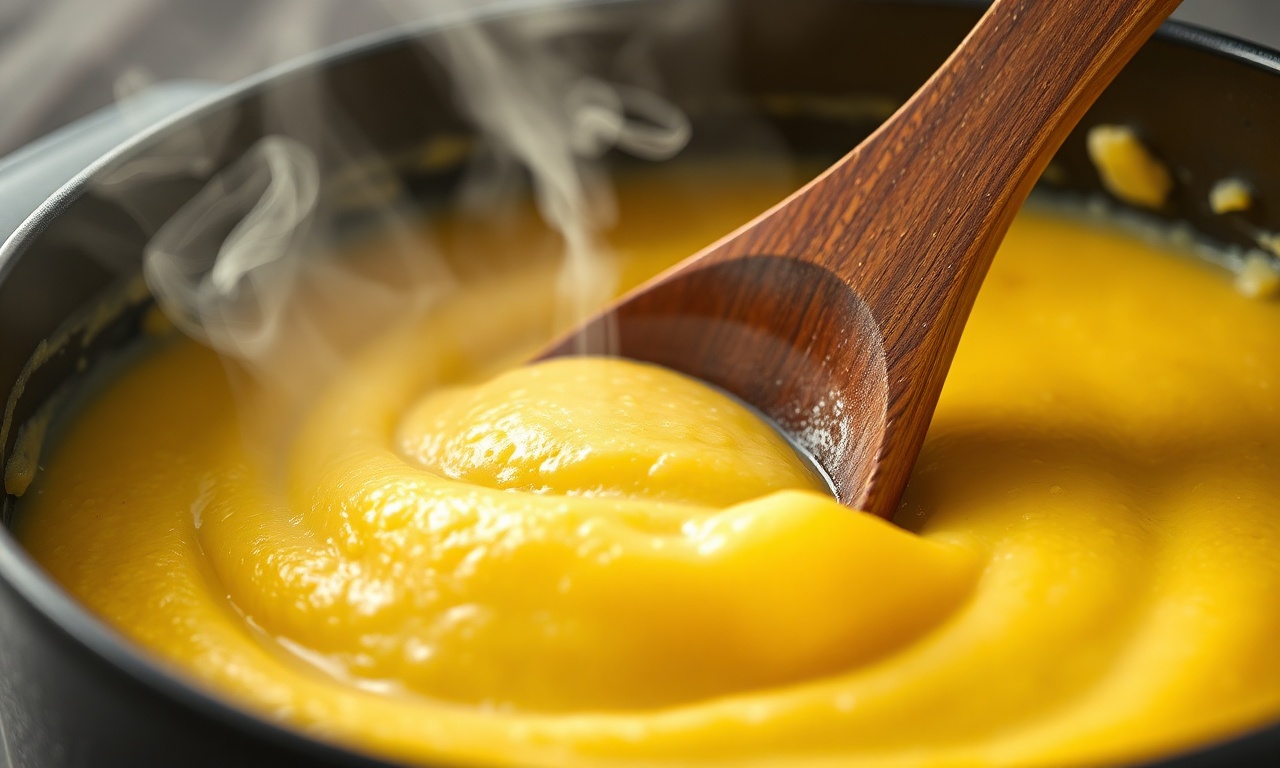 Close-up da textura aveludada da polenta sendo mexida, mostrando sua cremosidade.