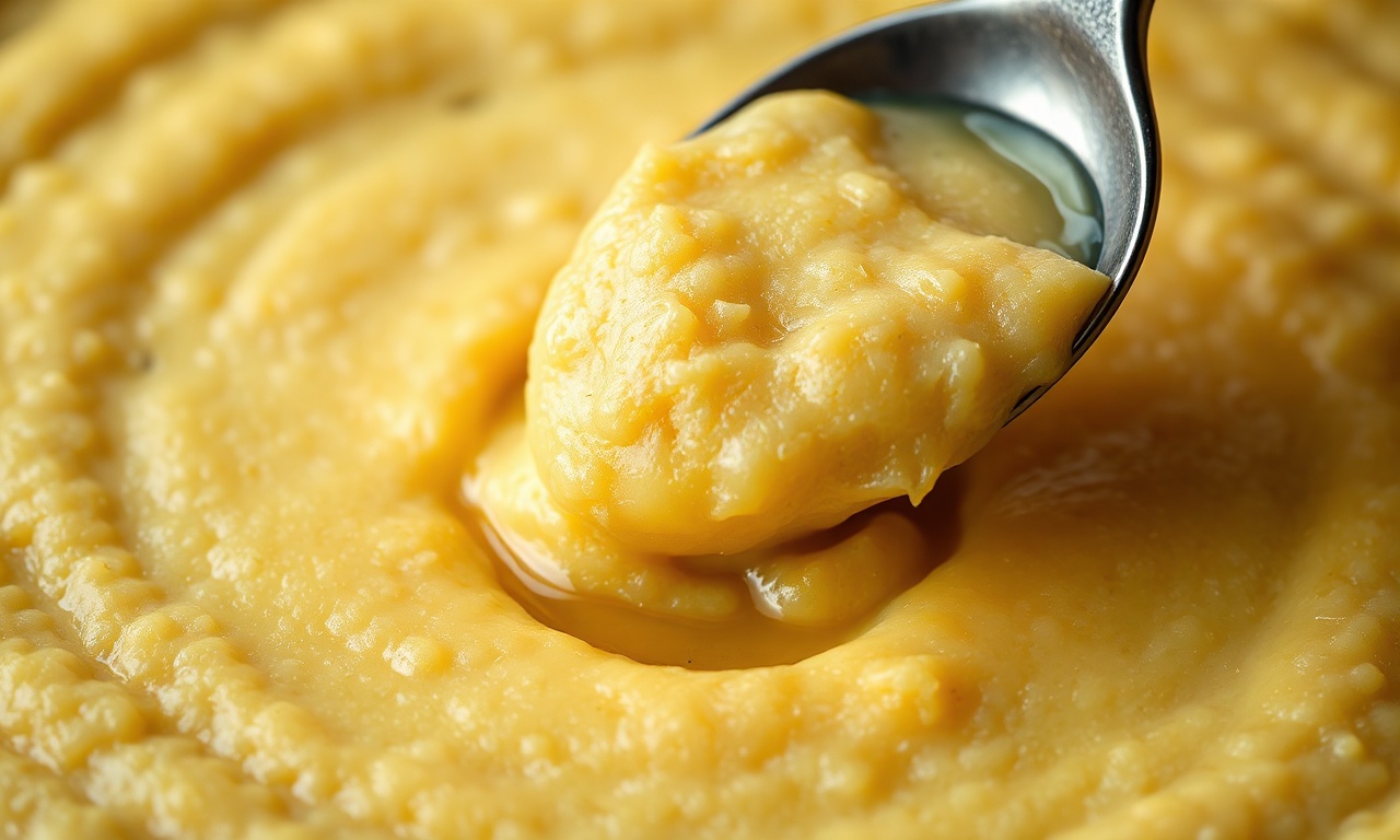 Close-up da textura aveludada e homogênea da polenta.