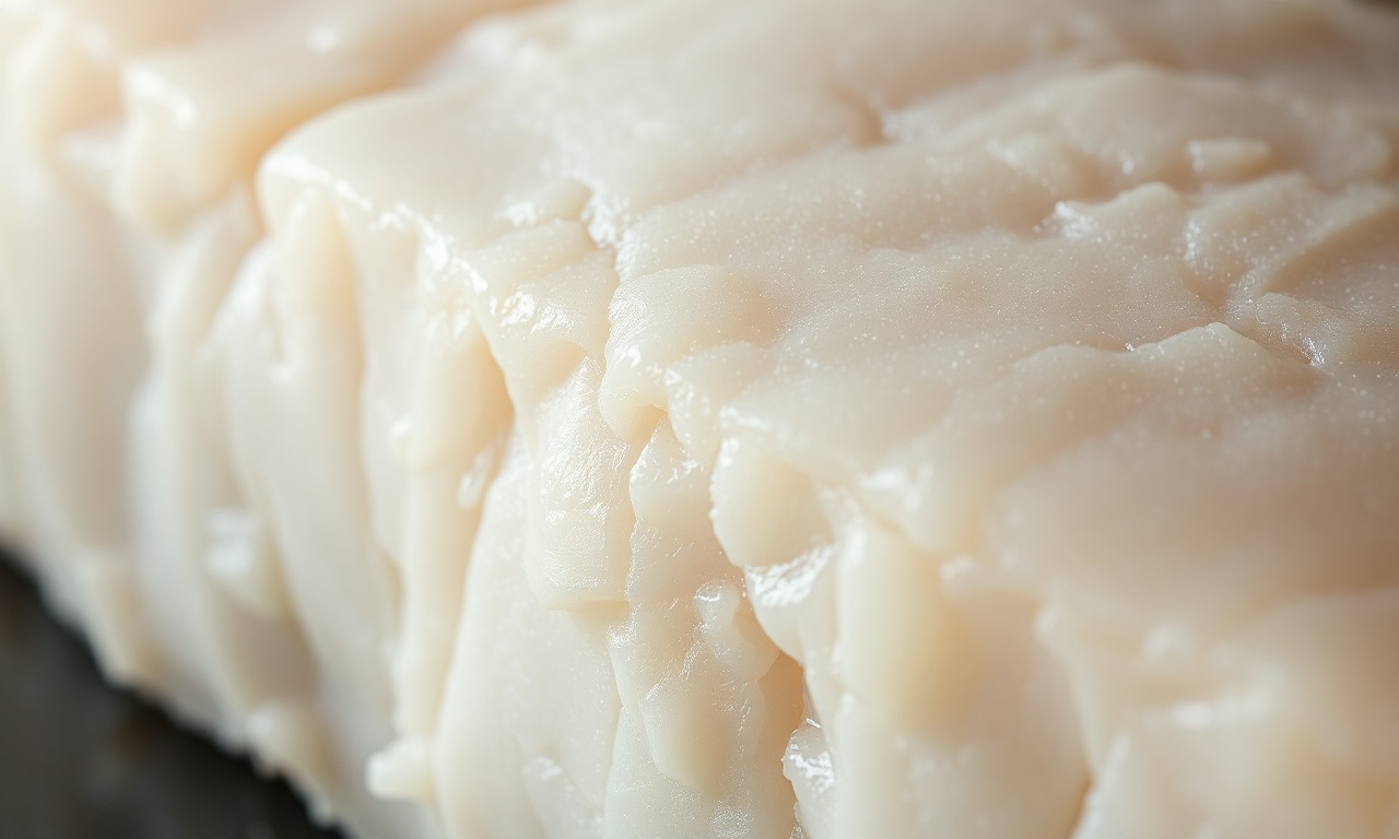 Close-up da textura fibrosa e das camadas de uma posta de bacalhau salgado de qualidade.