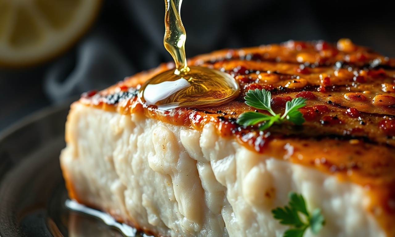 Posta De Cação No Forno Macia E Dourada Em 35 Minutos 6 Close-up da textura macia e lascas firmes do cação assado com suco de limão