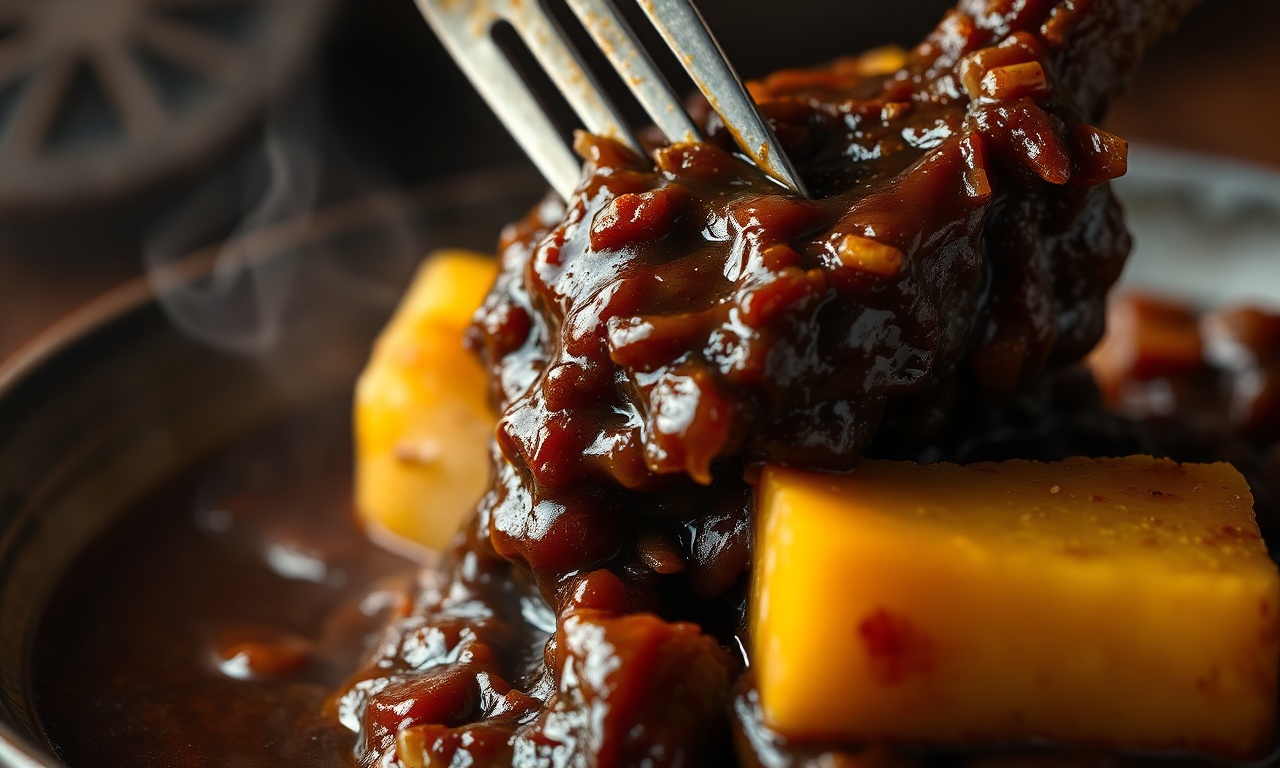 Close-up da carne desfiada e mandioca coberta por molho encorpado
