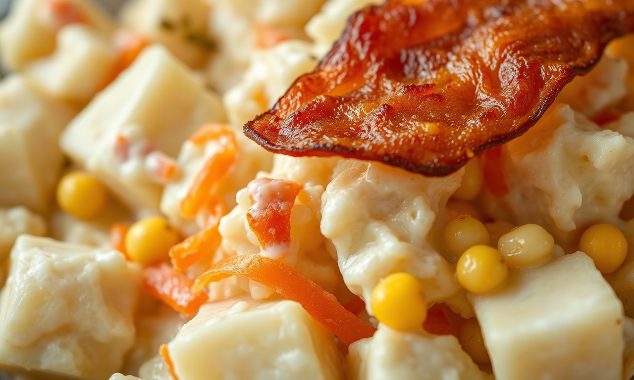 Close-up da textura cremosa da salada com pedaços de bacon crocante.