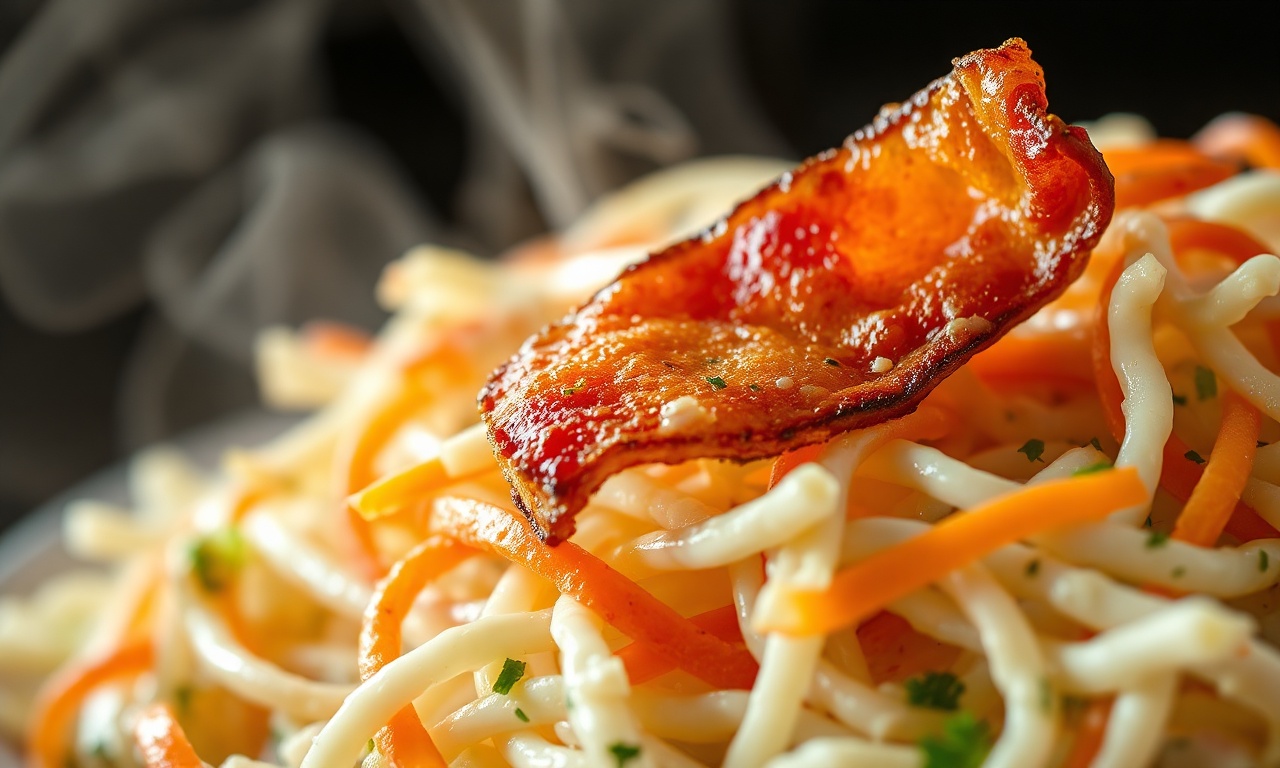 Salada De Repolho Cremosa Com Bacon: A Definitiva Para Churrasco 6 Close-up da textura cremosa e dos pedaços de bacon crocante.