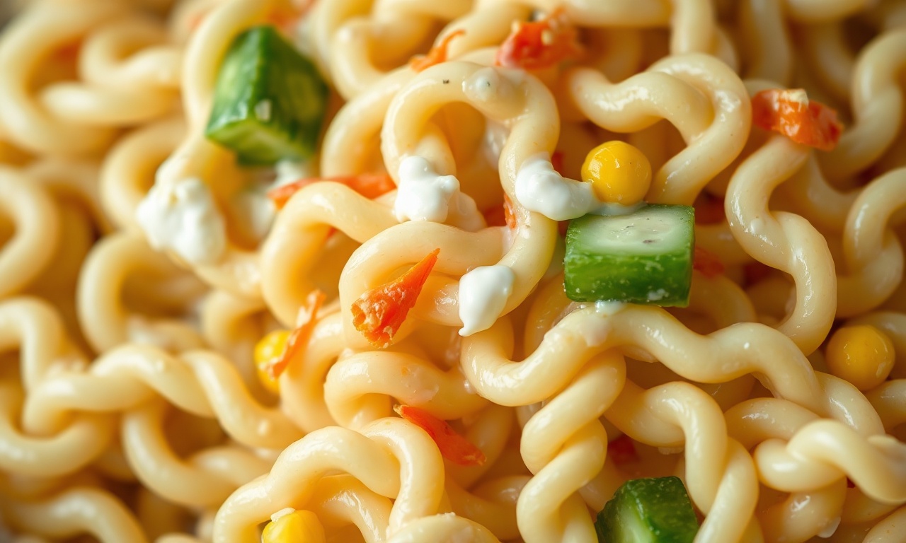 Close-up macro das espirais de fusilli cobertas pelo molho cremoso, com pedacinhos de legumes visíveis.