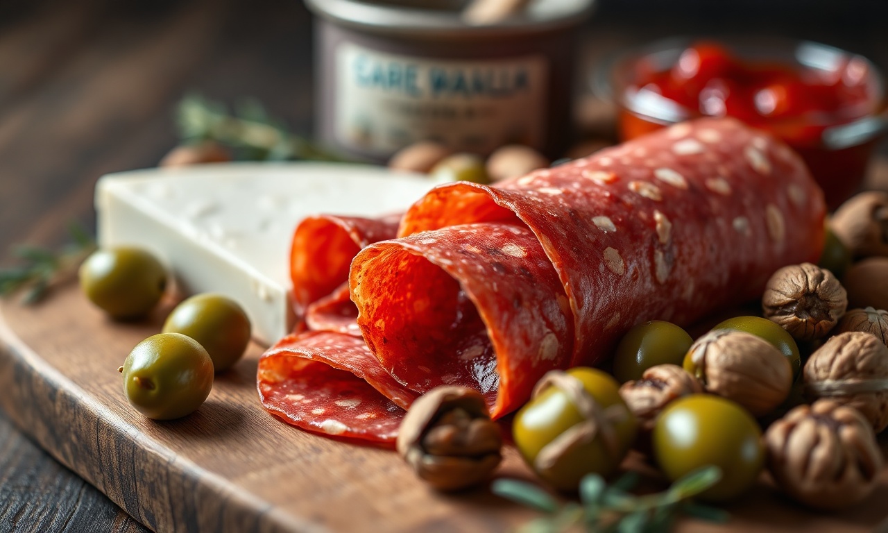 Close-up das pétalas de salame e queijos com azeitonas e nozes ao redor.