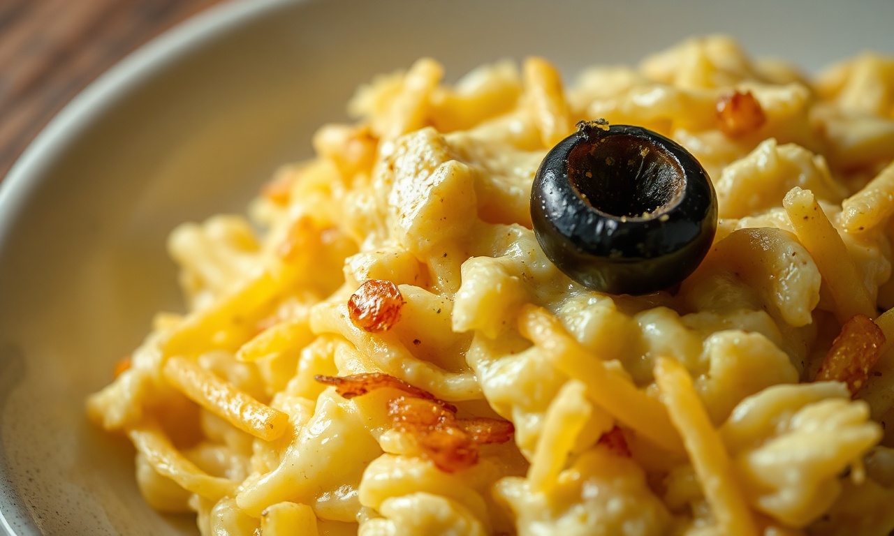 Close-up da textura sedosa dos ovos misturados ao bacalhau e batata.