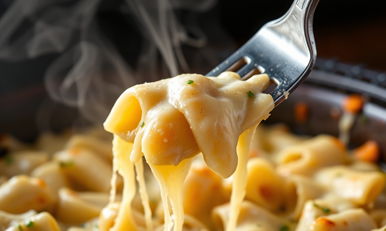 Close-up da massa penne envolta pelo molho aveludado e queijo derretido.