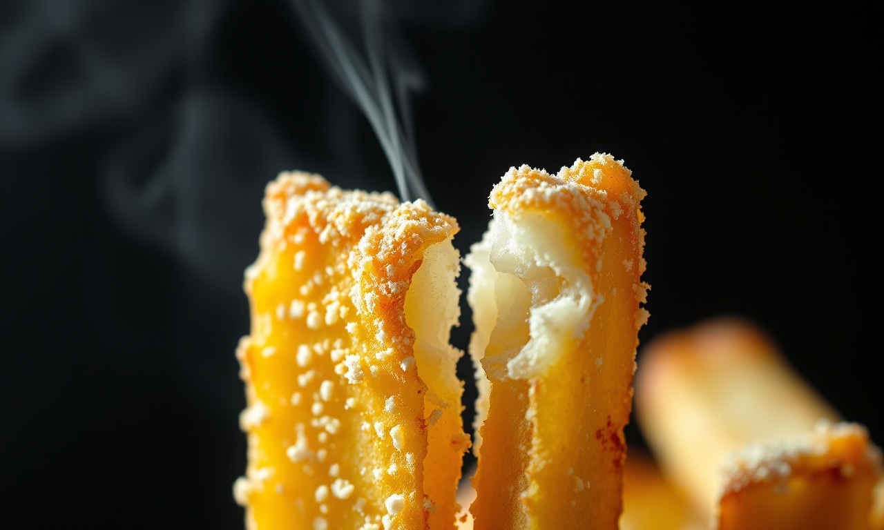 Macro da crosta seca e estaladiça da batata frita.