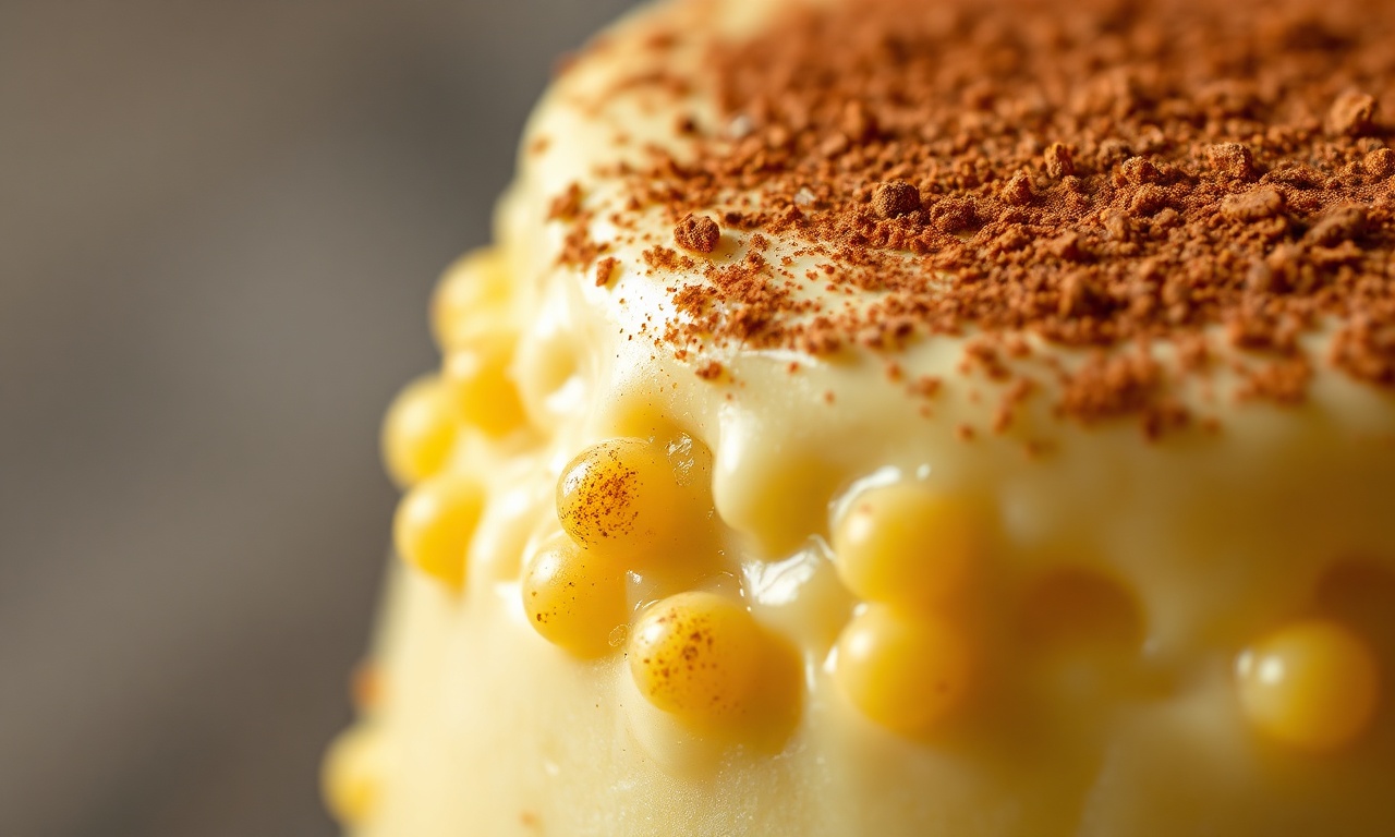 Macro close-up mostrando a textura granulada característica da ambrosia, com grãos soltos em um creme suave.
