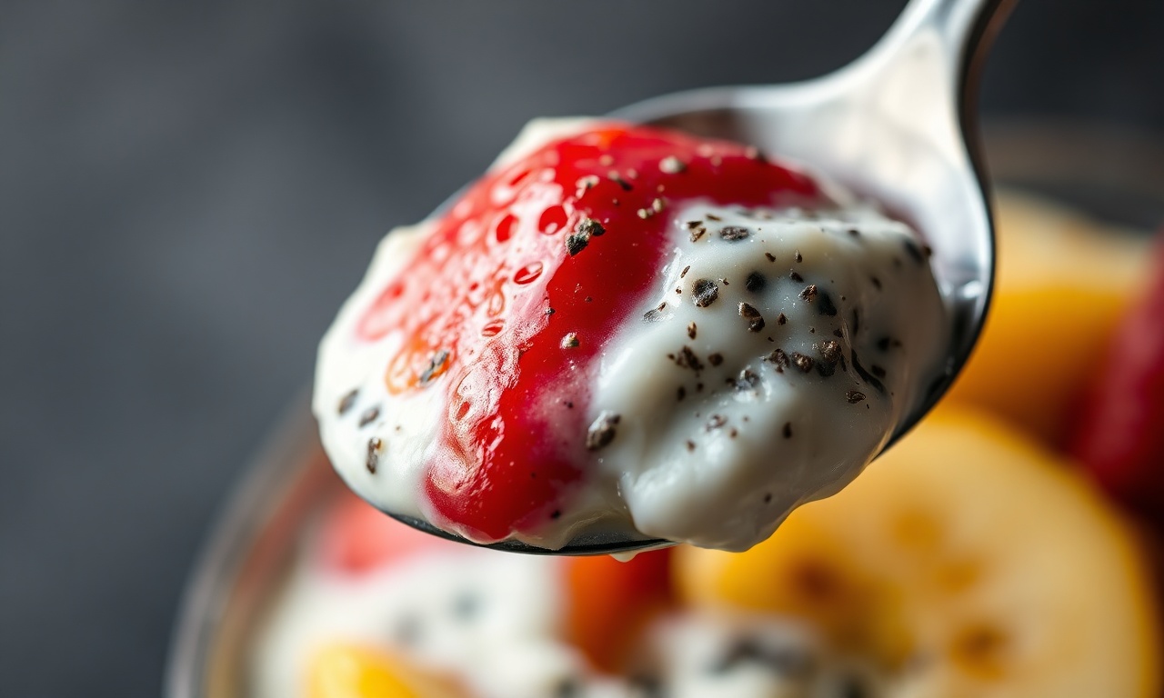 Close-up da textura cremosa do iogurte com chia hidratada e frutas frescas.