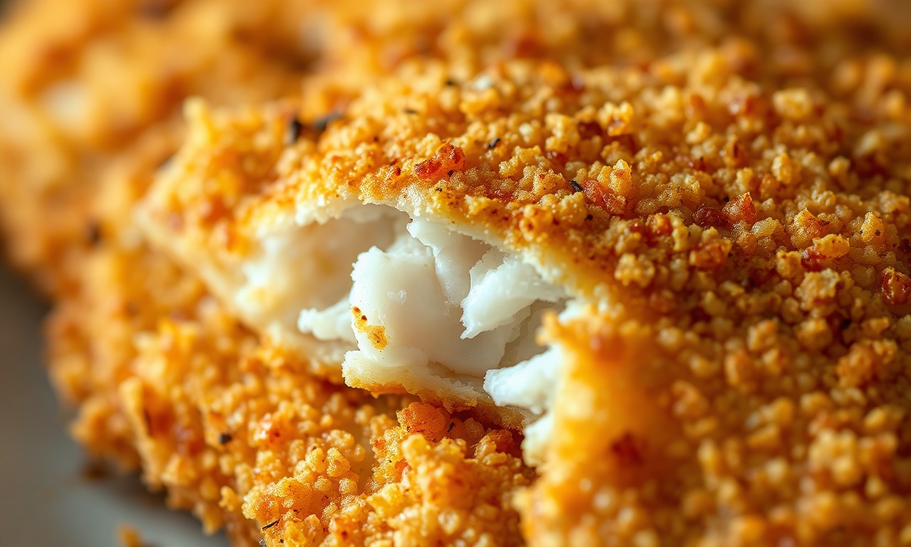 Close-up da crosta dourada e crocante da tilápia empanada.