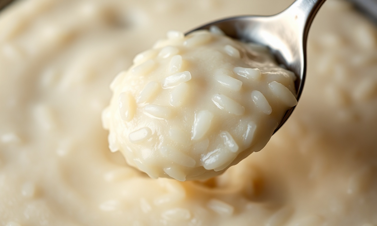 Close-up mostrando a cremosidade e a textura macia do arroz doce.