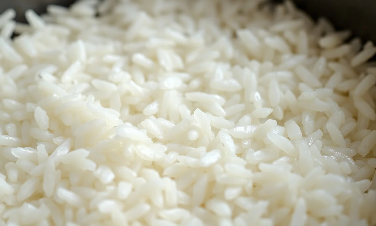 Close-up mostrando o arroz úmido e soltinho, sem estar ressecado.