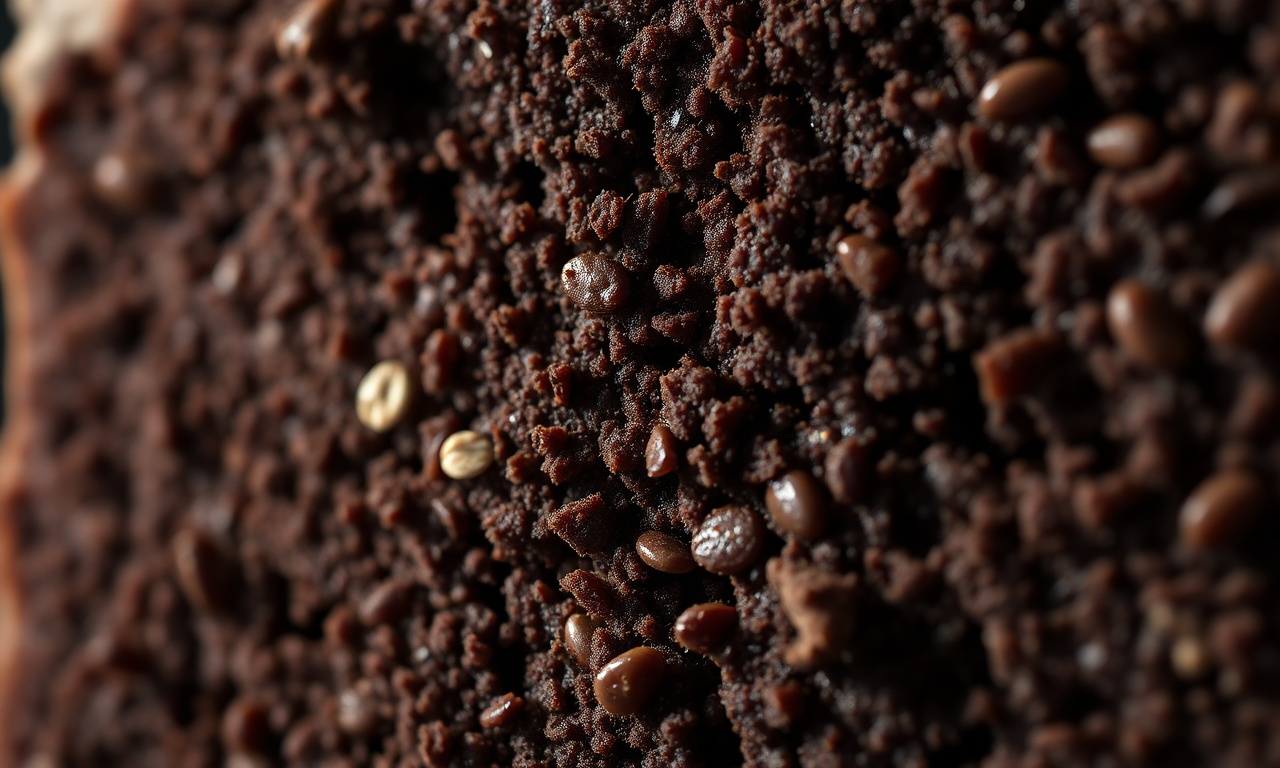 Close-up macro da textura fofa e úmida do interior do bolo, com migalhas visíveis.
