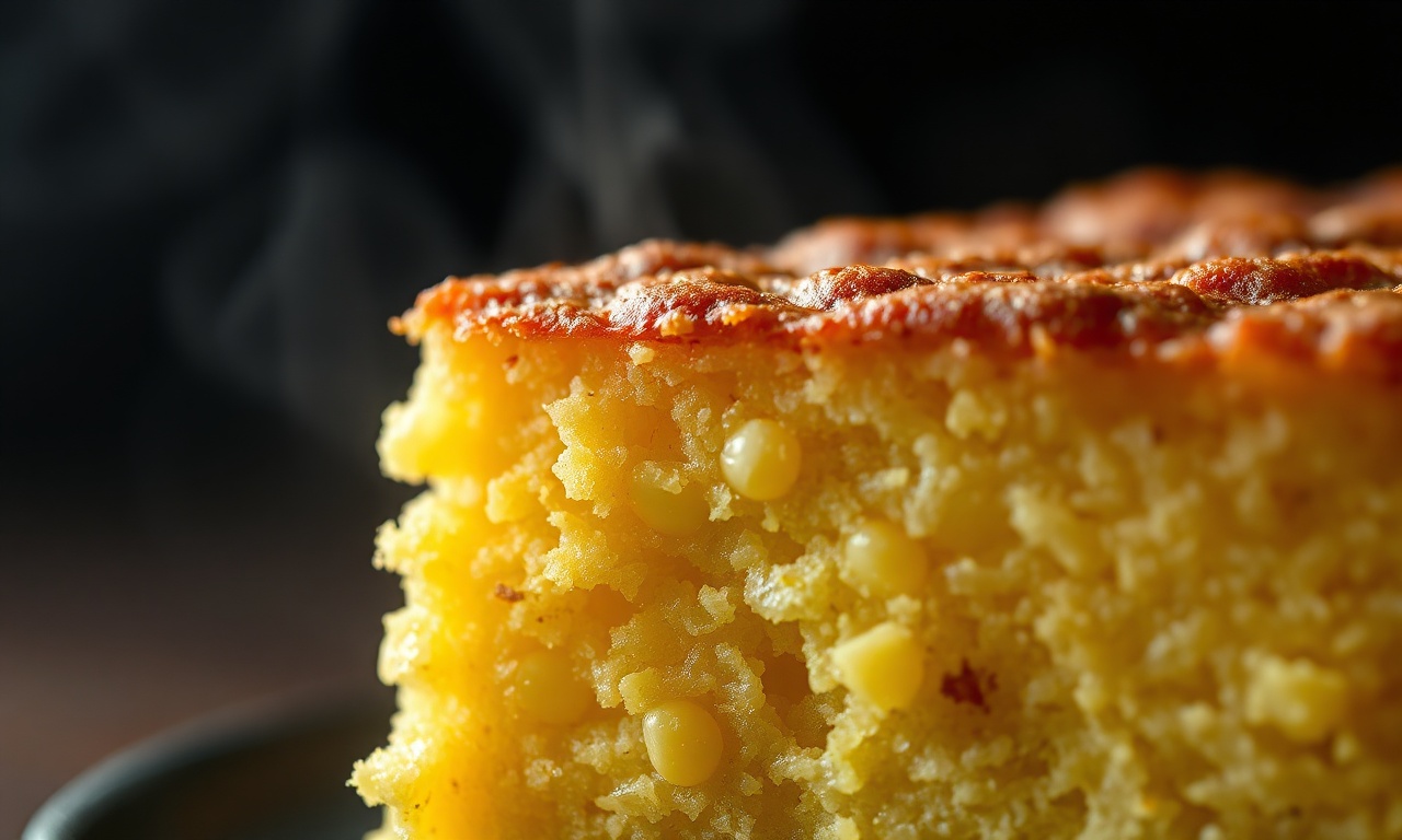 Bolo De Milho De Liquidificador: Fofinho Com 7 Ingredientes 6 Close-up macro da textura úmida e granulada do bolo, com a casca dourada e levemente rachada.