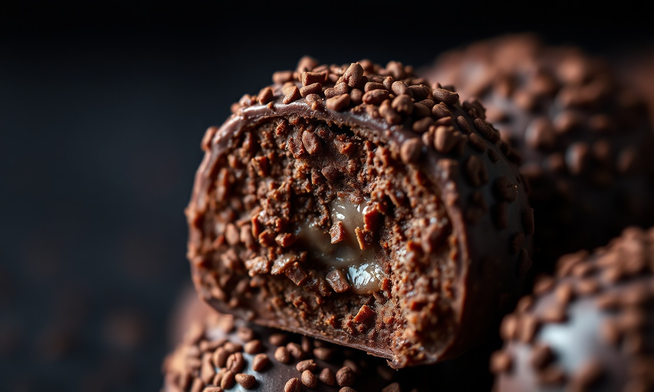 Close-up de um brigadeiro cortado ao meio, mostrando a textura cremosa.