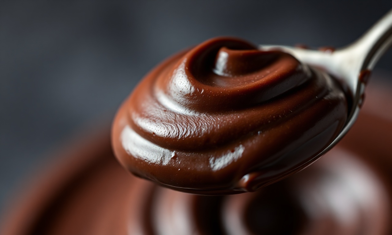 Close-up da textura cremosa e brilhante do brigadeiro pronto.