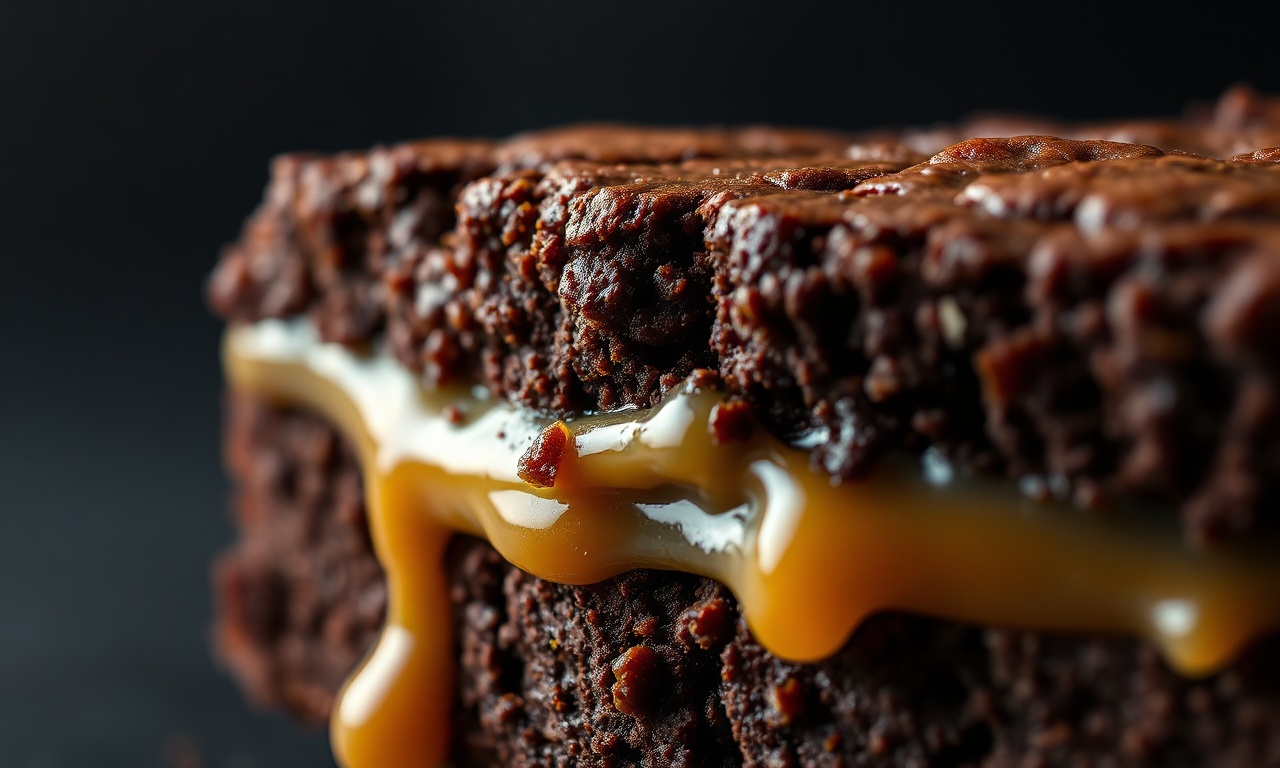 Brownie Com Caramelo Firme No Centro: Fácil E Irresistível 6 Close-up macro da fatia cortada, mostrando a textura úmida do brownie e o caramelo elástico.
