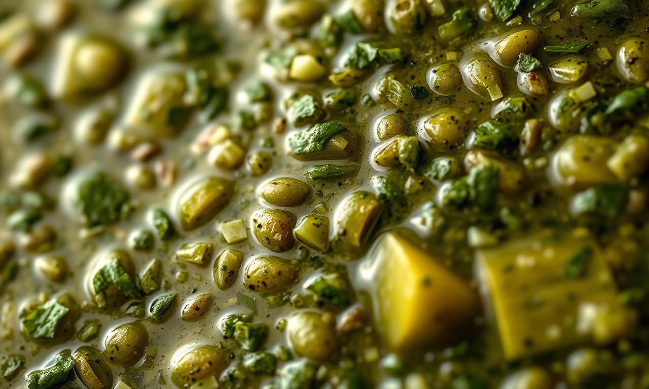 Chimichurri Tradicional Argentino: Rústico E Pronto Em 10 Min 6 Close-up macro mostrando a textura rústica com pedaços de ervas e azeitonas.