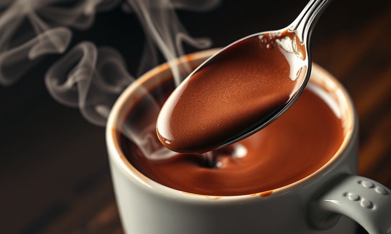 Close-up da cremosidade e espessura do chocolate quente na caneca.
