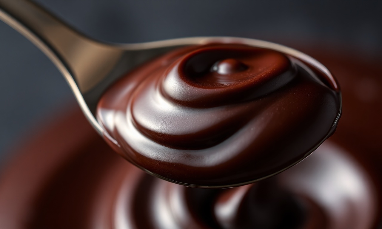 Close-up da textura cremosa e brilhante da ganache pronta.