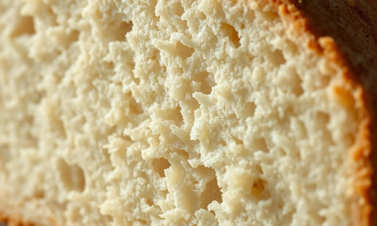 Close-up da textura macia e uniforme do miolo do pão.
