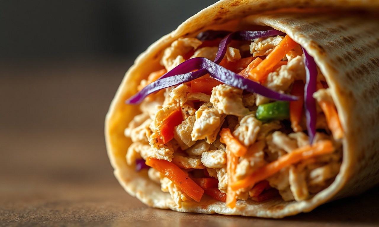 Wrap Fit De Frango: Fácil, Rápido E Com Apenas 9 Ingredientes 6 Close-up do interior do wrap, destacando a textura do frango desfiado e a crocância dos legumes.