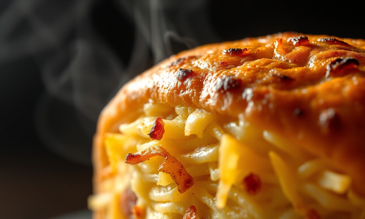 Torta De Cachorro-Quente Fácil Com Batata Palha Crocante 6 Close-up da textura crocante da base de batata palha e do queijo gratinado derretido.