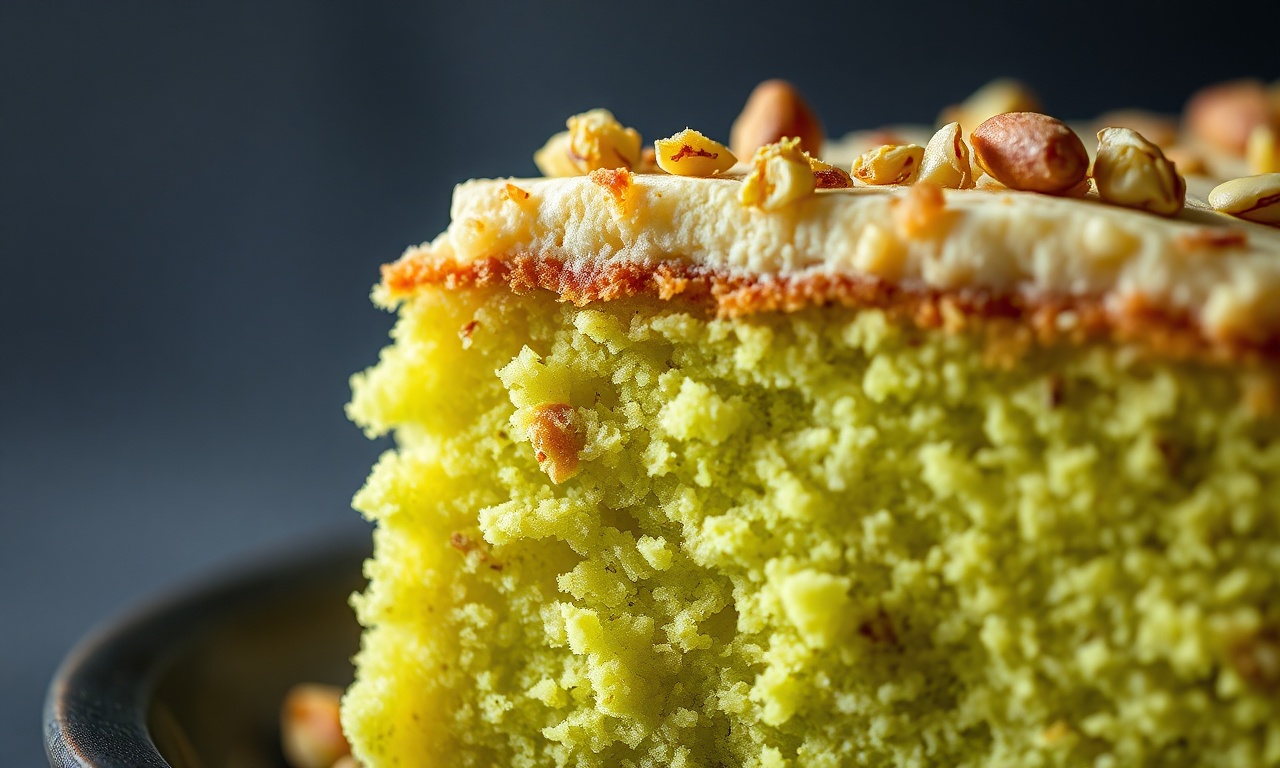 Close-up da textura fofinha e úmida do miolo da torta, com a cor verde vibrante do pistache.