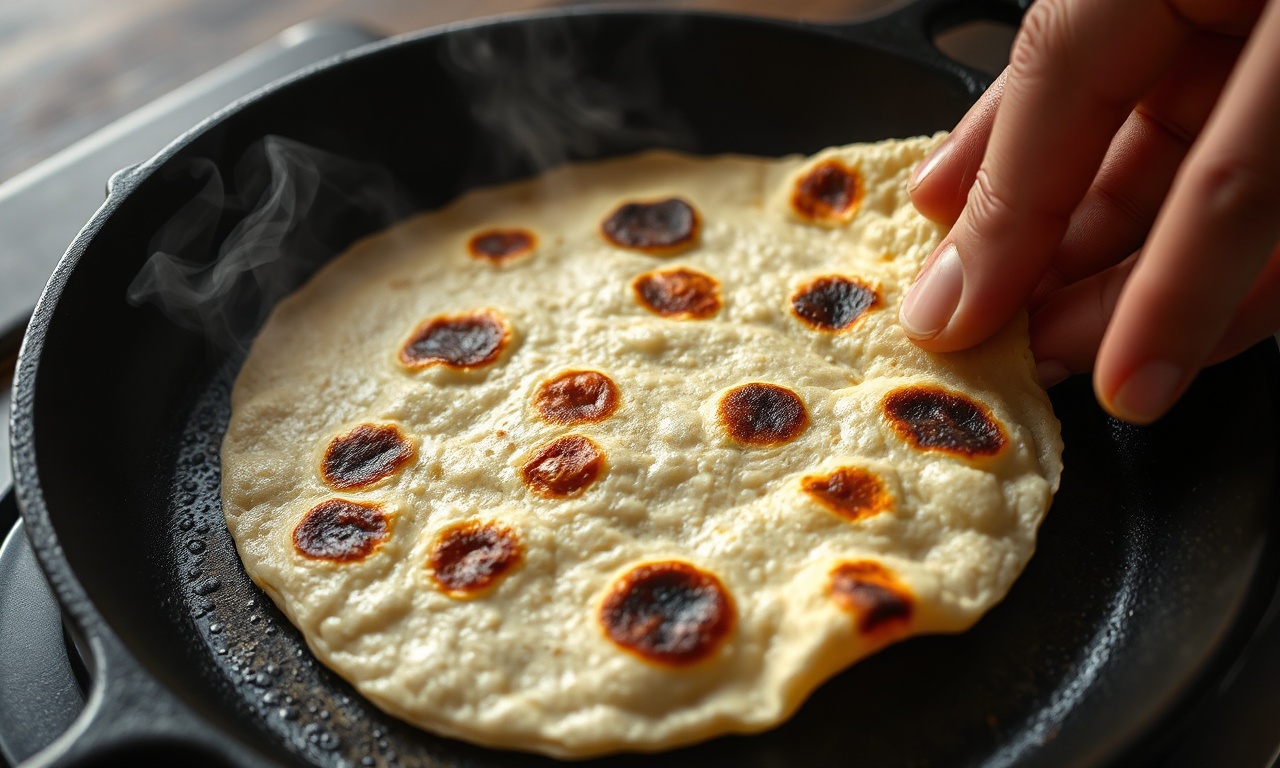 Close-up da textura flexível da tortilha com bolinhas escuras tostadas.