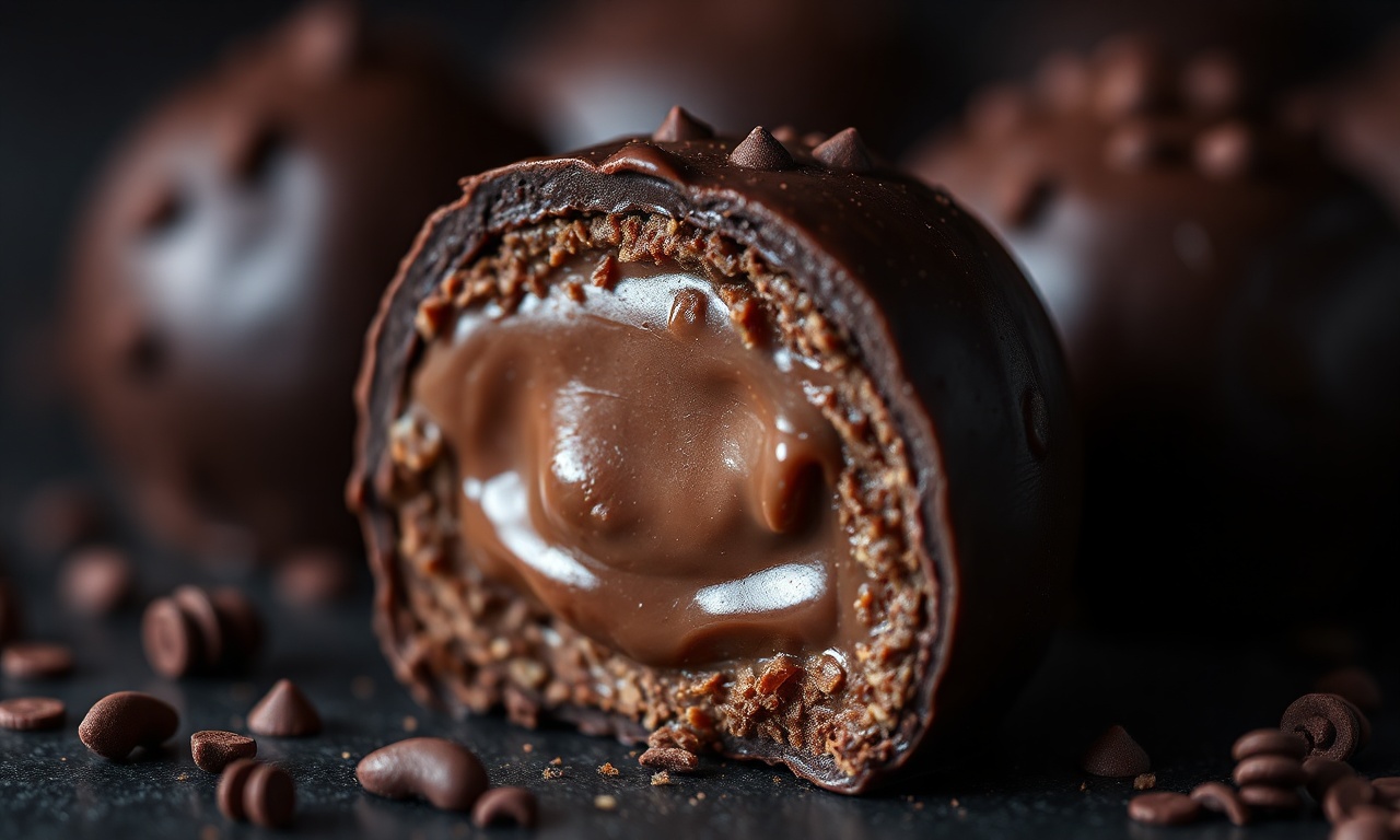 Trufa De Chocolate Cremosa E Profissional: Apenas 4 Ingredientes 6 Close-up da textura cremosa do interior de uma trufa cortada ao meio.