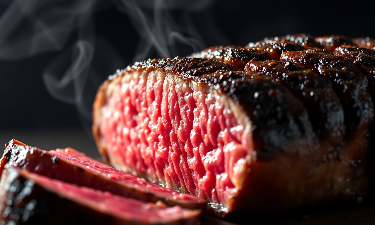Close-up da picanha fatiada, mostrando o ponto perfeito e a suculência.