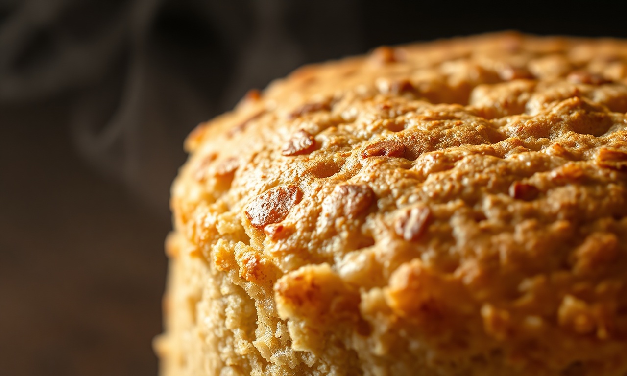 Close-up macro da textura fofinha e úmida do baked oats assado, mostrando os furinhos e a crosta dourada.