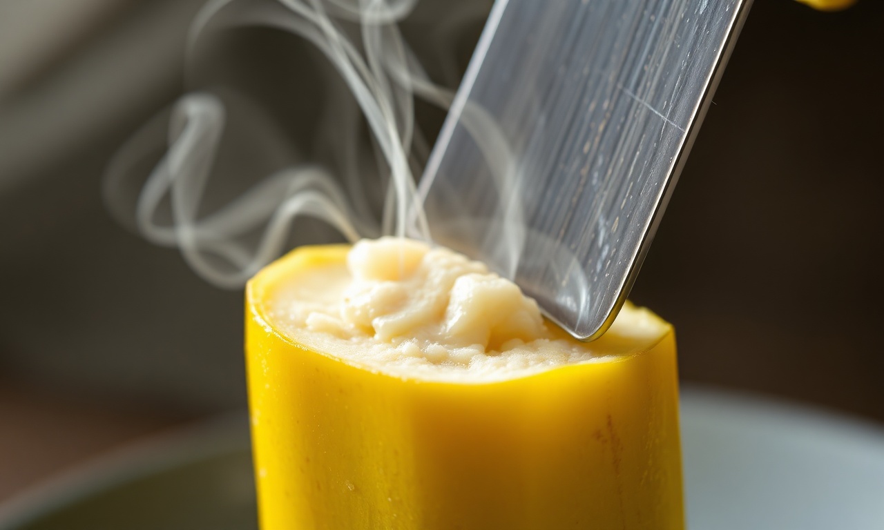 Banana Verde Cozida: Técnica Fácil Para Biomassa Perfeita 5 Close-up da polpa da banana cozida sendo descascada