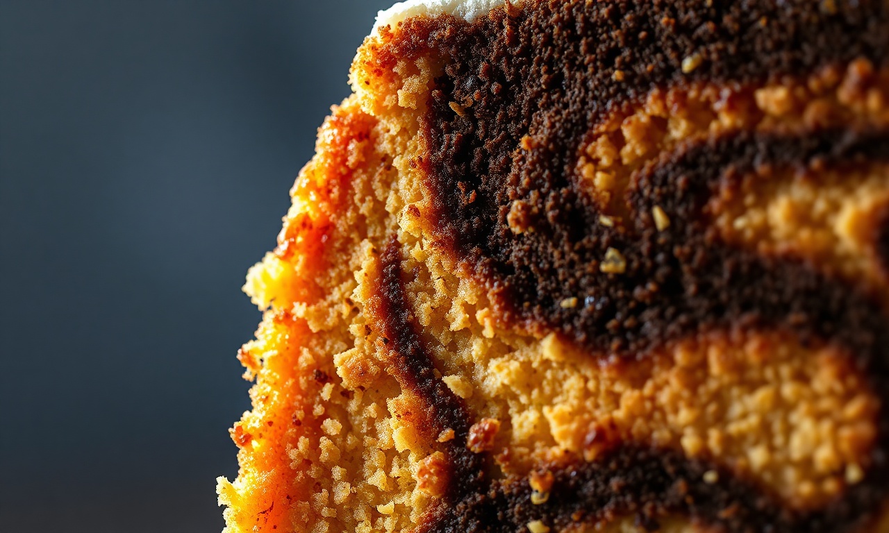 Bolo Mármore De Cenoura E Chocolate Fofinho Em 45 Min 6 Close-up da fatia mostrando os veios de mármore e a textura úmida.