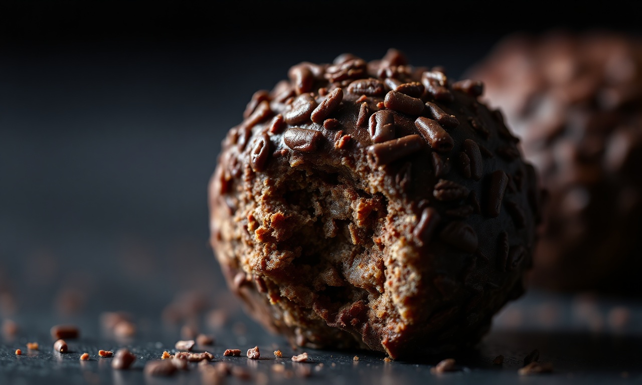 Close-up da textura cremosa e do acabamento granulado de um brigadeiro.