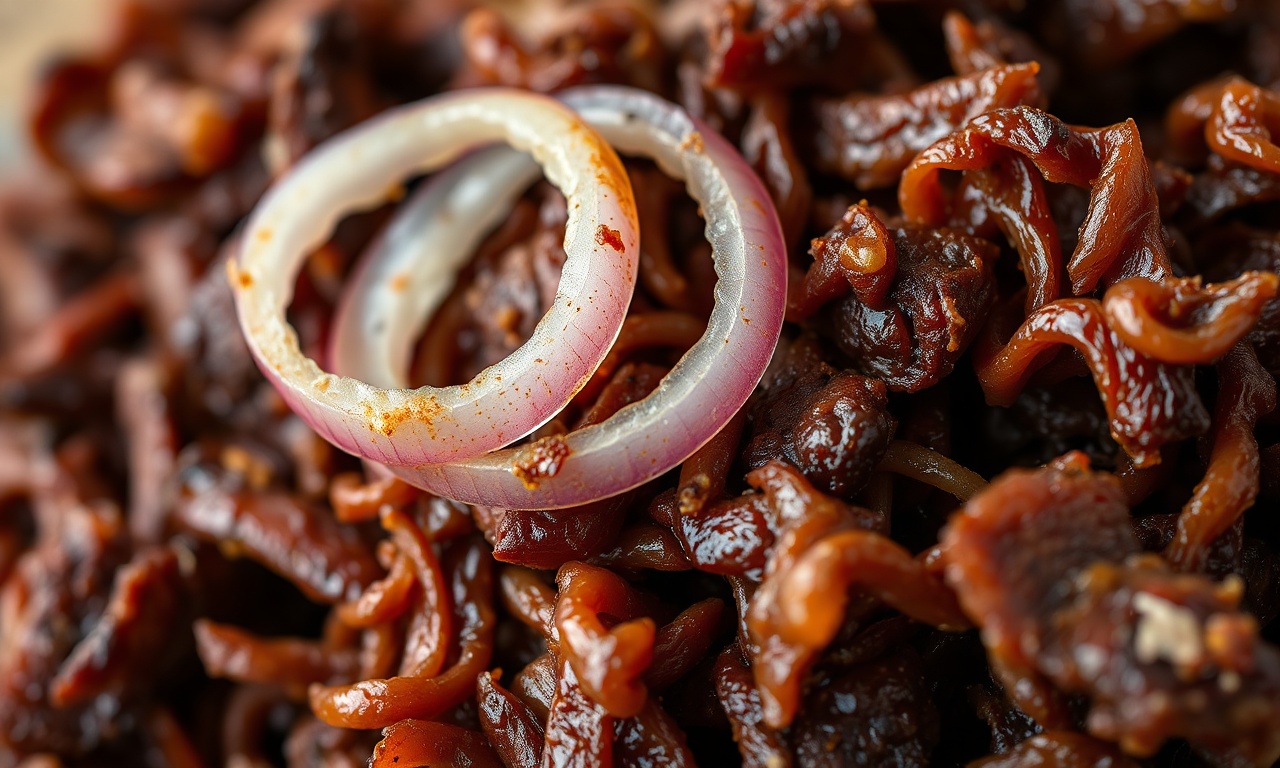 Close-up da textura da carne desfiada e crocante