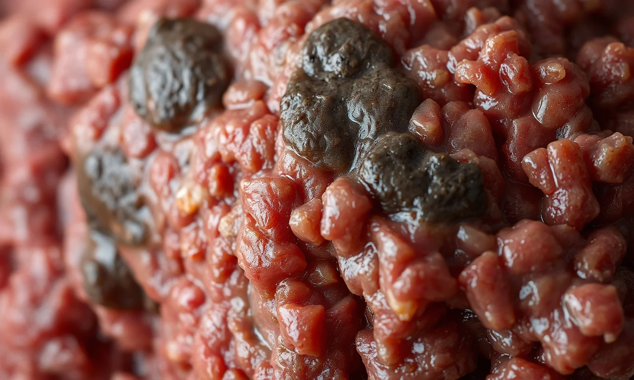 Carne Moída Estragada: 5 Sinais Infalíveis Para Não Errar 5 Close-up da textura viscosa e pegajosa que indica deterioração.