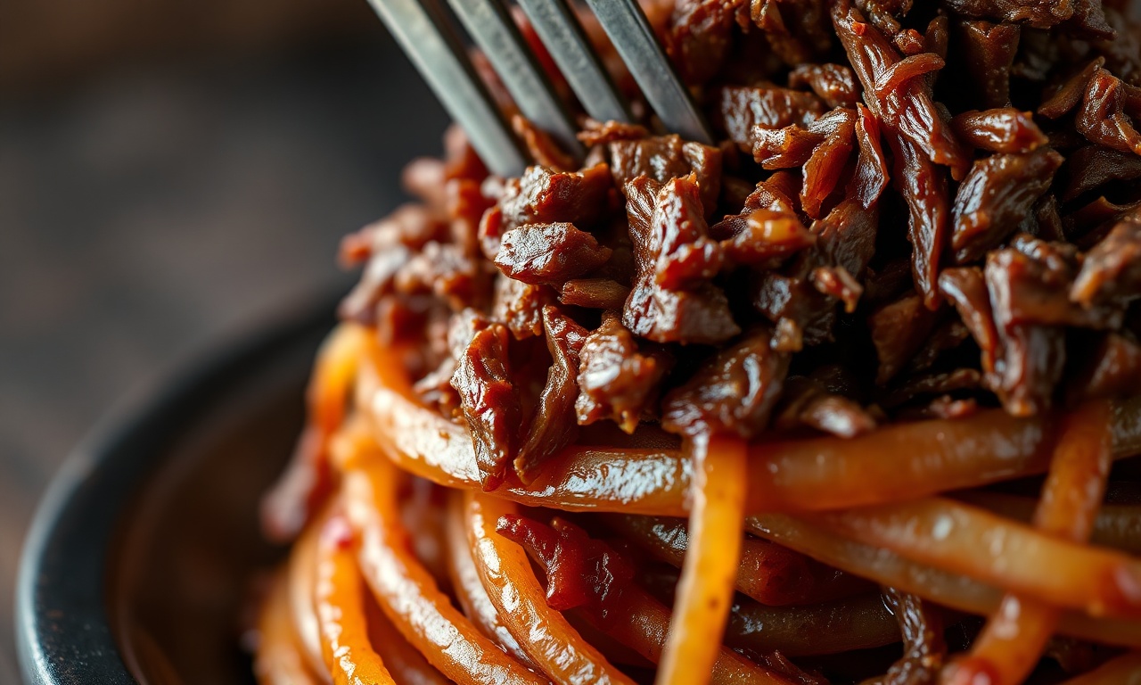 Close-up da textura da carne desfiada e cebola caramelizada
