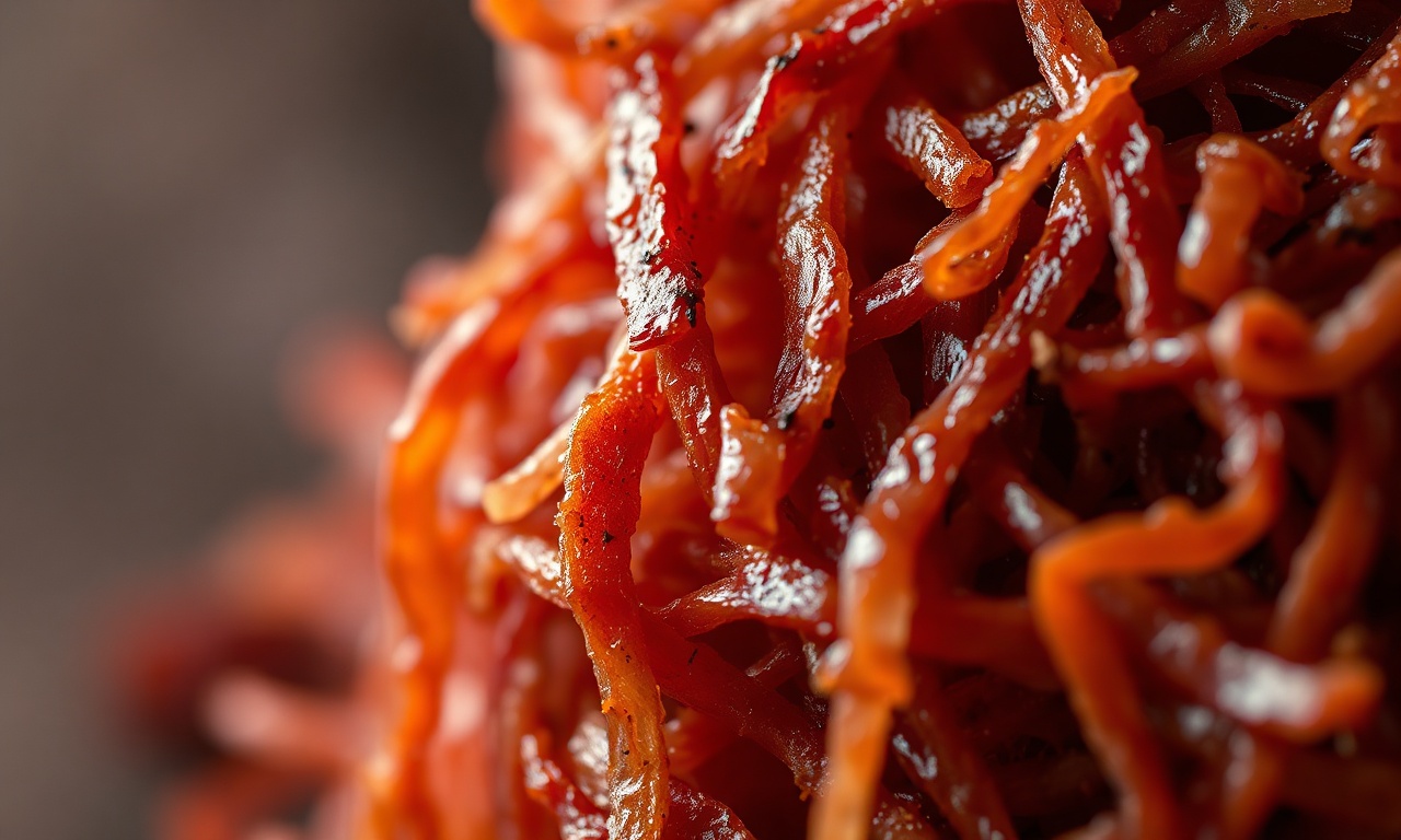 Close-up macro das fibras da carne seca desfiada