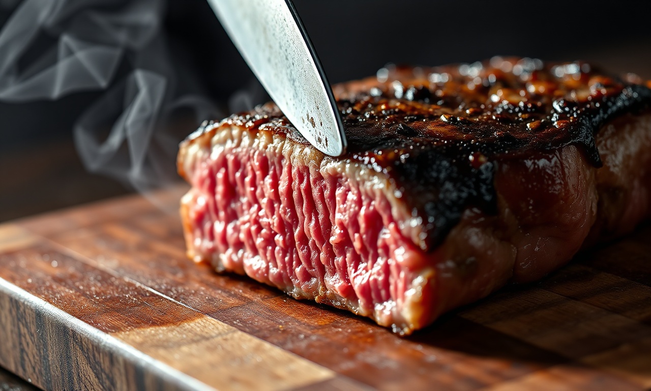 Churrasco Para 100 Pessoas: Guia Completo De Quantidades 6 Close-up de uma fatia de picanha no ponto, suculenta, sendo fatiada na tábua.
