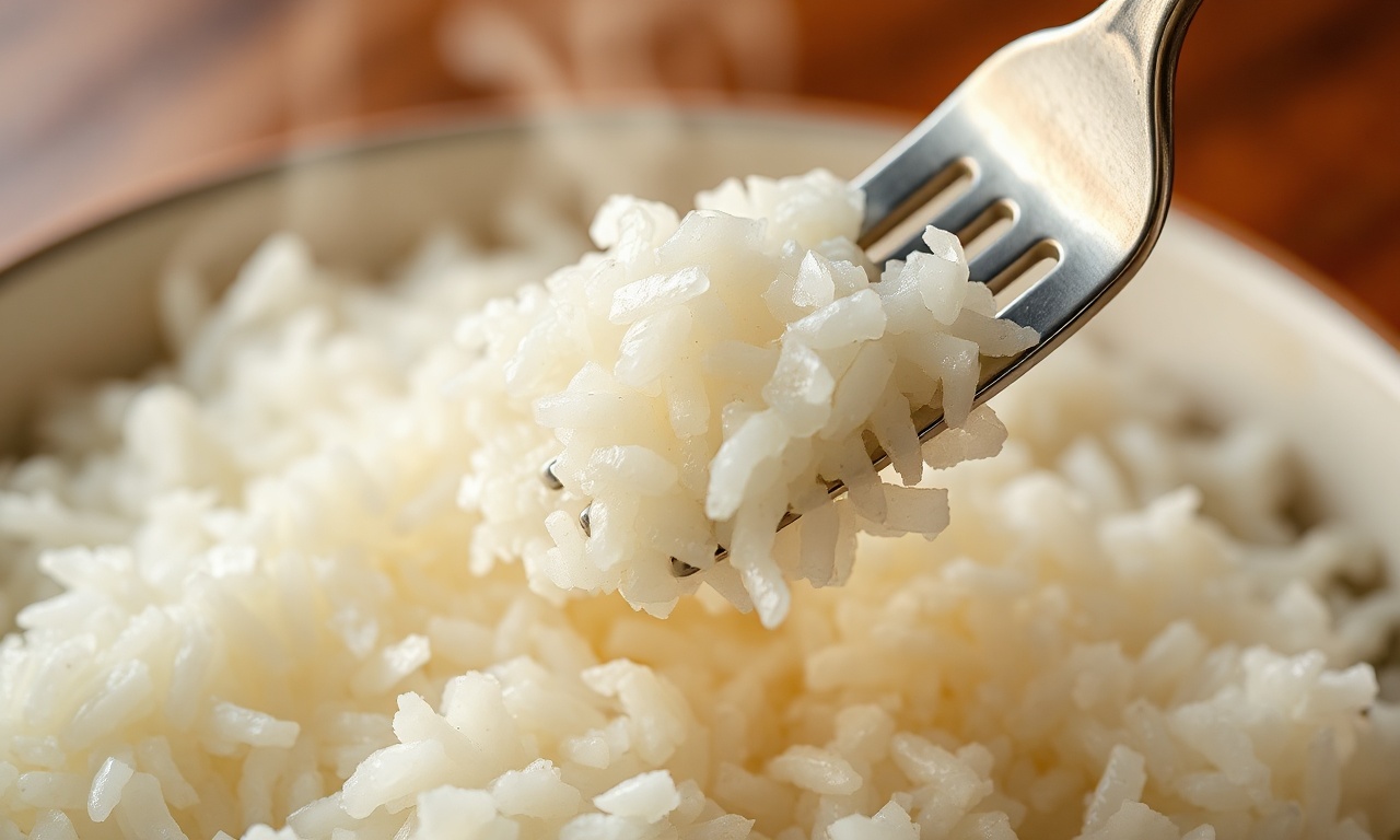 Close-up do arroz reaquecido mostrando textura soltinha e vapor saindo do prato