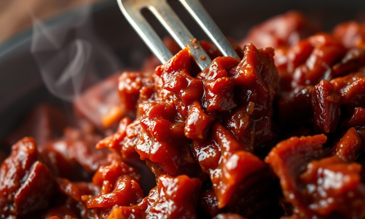 Close-up da carne desfiada com molho encorpado e brilhante